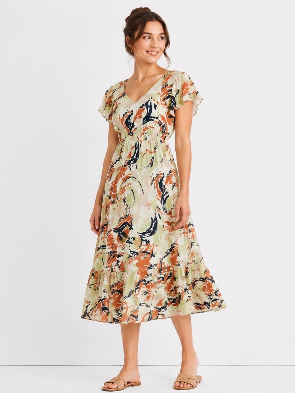 adewell Flutter Sleeve Ruffle-Waist Midi Dress Brushing Up Print Size 2